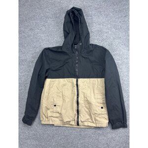 NOMAD Hooded Jacket Mens Large Black Tan Cotton Windbreaker Zip Pockets‎ Casual